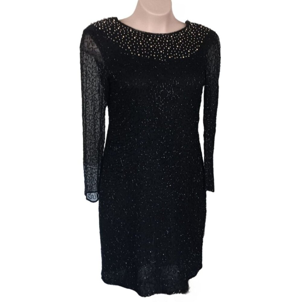 Beaded Drama Special Occasion Womens Dress Size 16 Black Long Sleeve